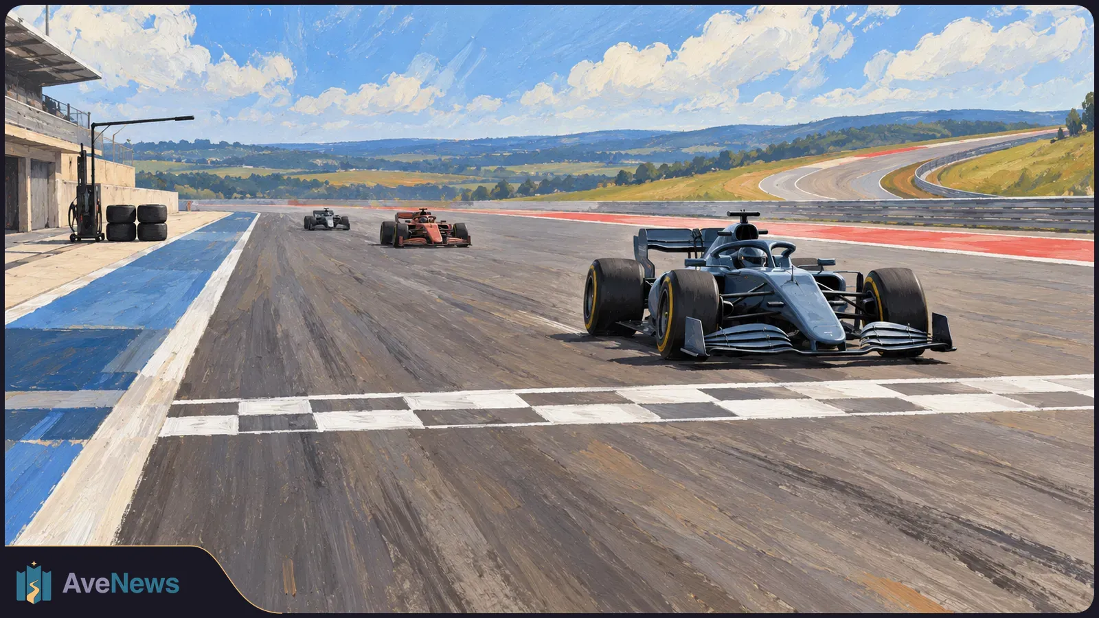 Painterly view of three open-wheel race cars on a track; a dark car crosses a checkered line in front, with pit buildings and green hills beyond. SI illustration