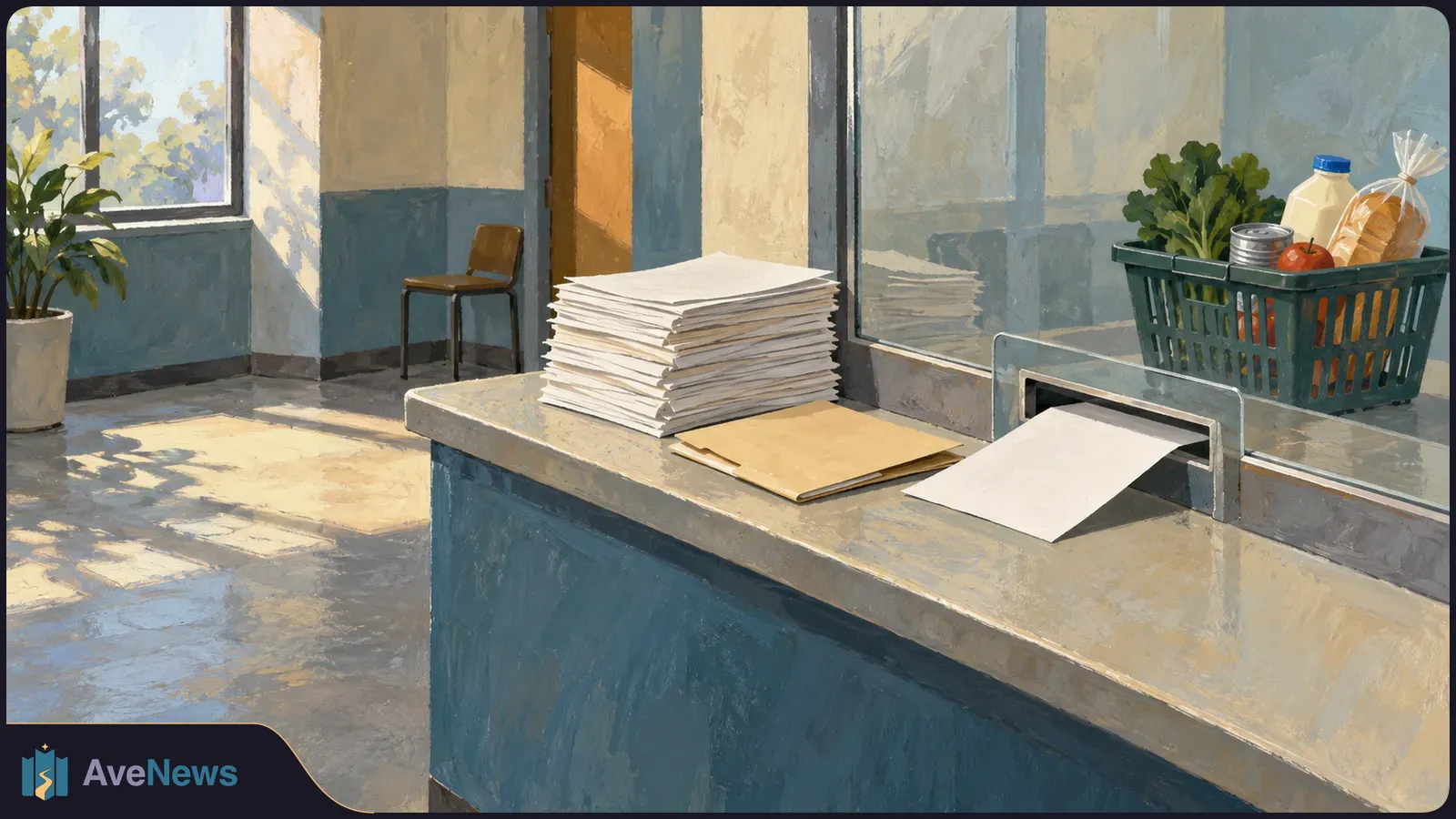 Painted scene of blank papers and an envelope on a service counter, with a grocery basket of produce, bread and milk on the other side of a glass partition. SI illustration