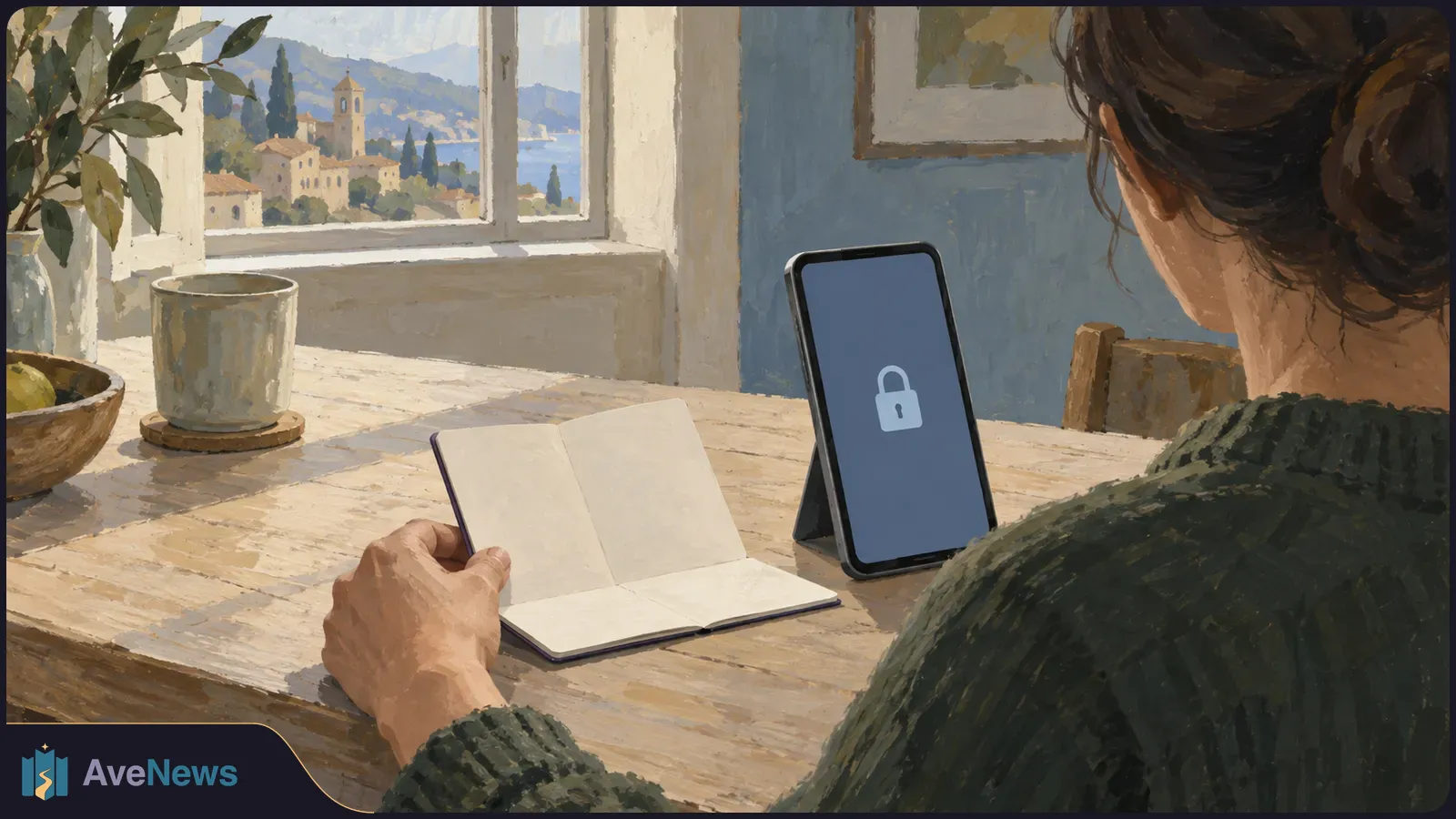 Illustration of a person seated at a wooden table with an open notebook and a phone showing a closed padlock. A window overlooks buildings and water. SI illustration