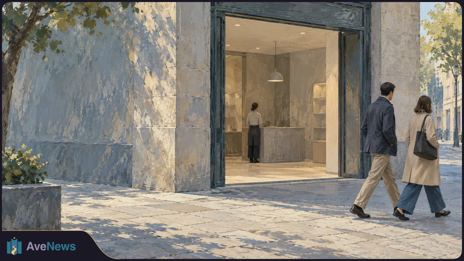 Painterly street scene with two people walking past an open storefront; another person stands behind a counter inside. SI illustration