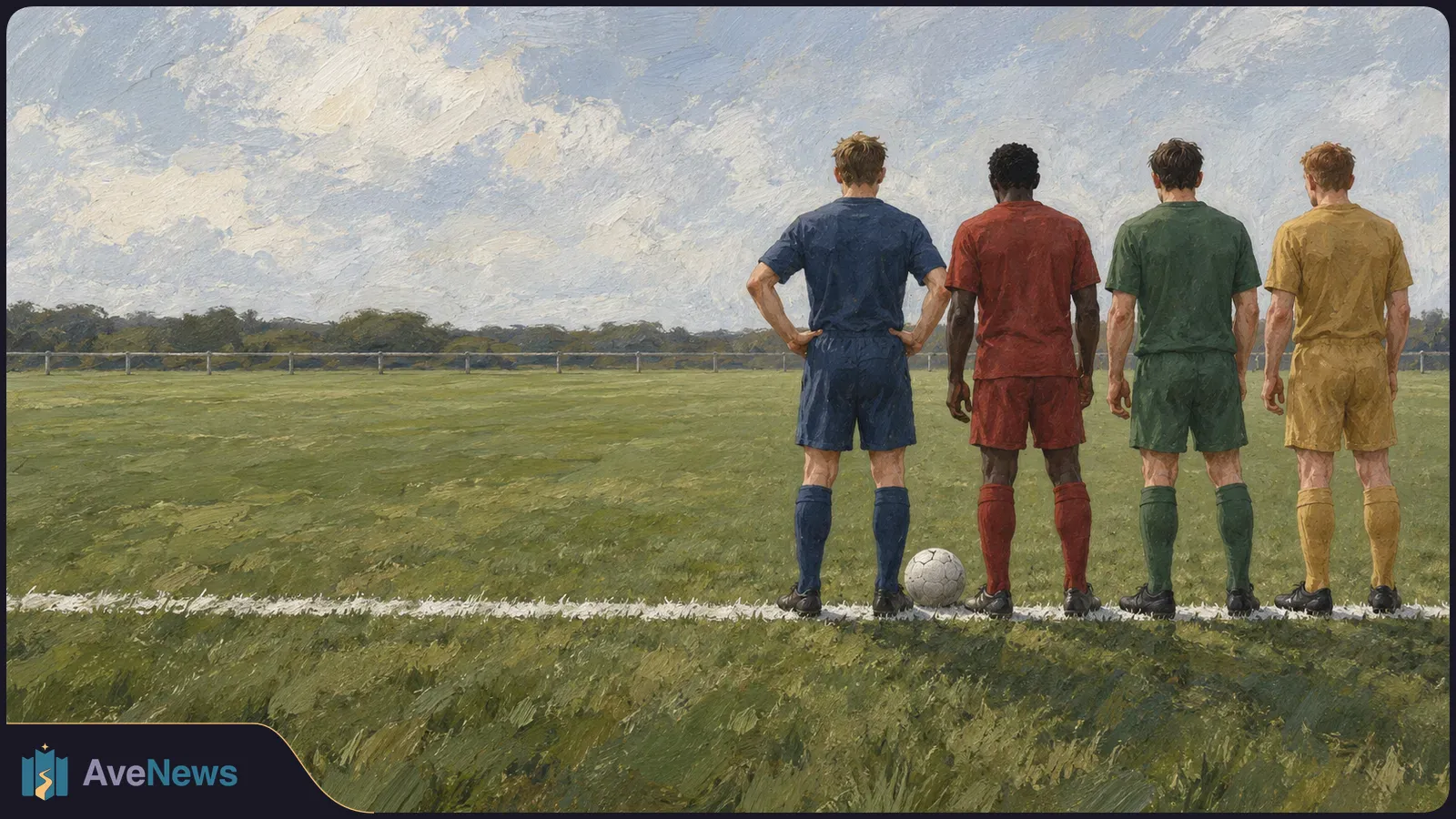 Painterly view of four footballers in blue, red, green and gold kits standing with their backs to the viewer beside a ball on a grassy pitch. SI illustration