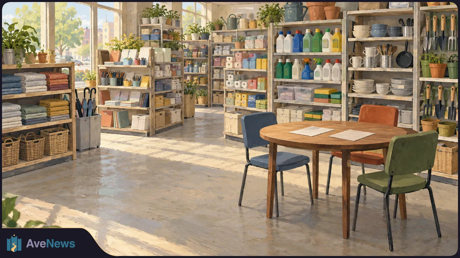 Painted view of a sunlit shop with shelves of household goods, plants and stationery; a round table with blank papers and three chairs stands in front. SI illustration
