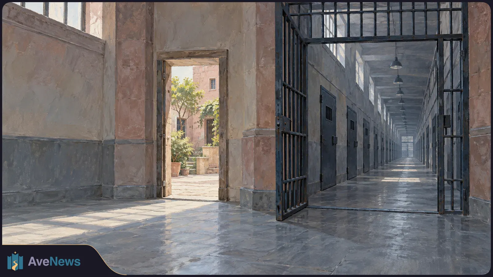 An empty prison corridor with barred gates and cell doors; sunlight enters through a side doorway and high windows. SI illustration