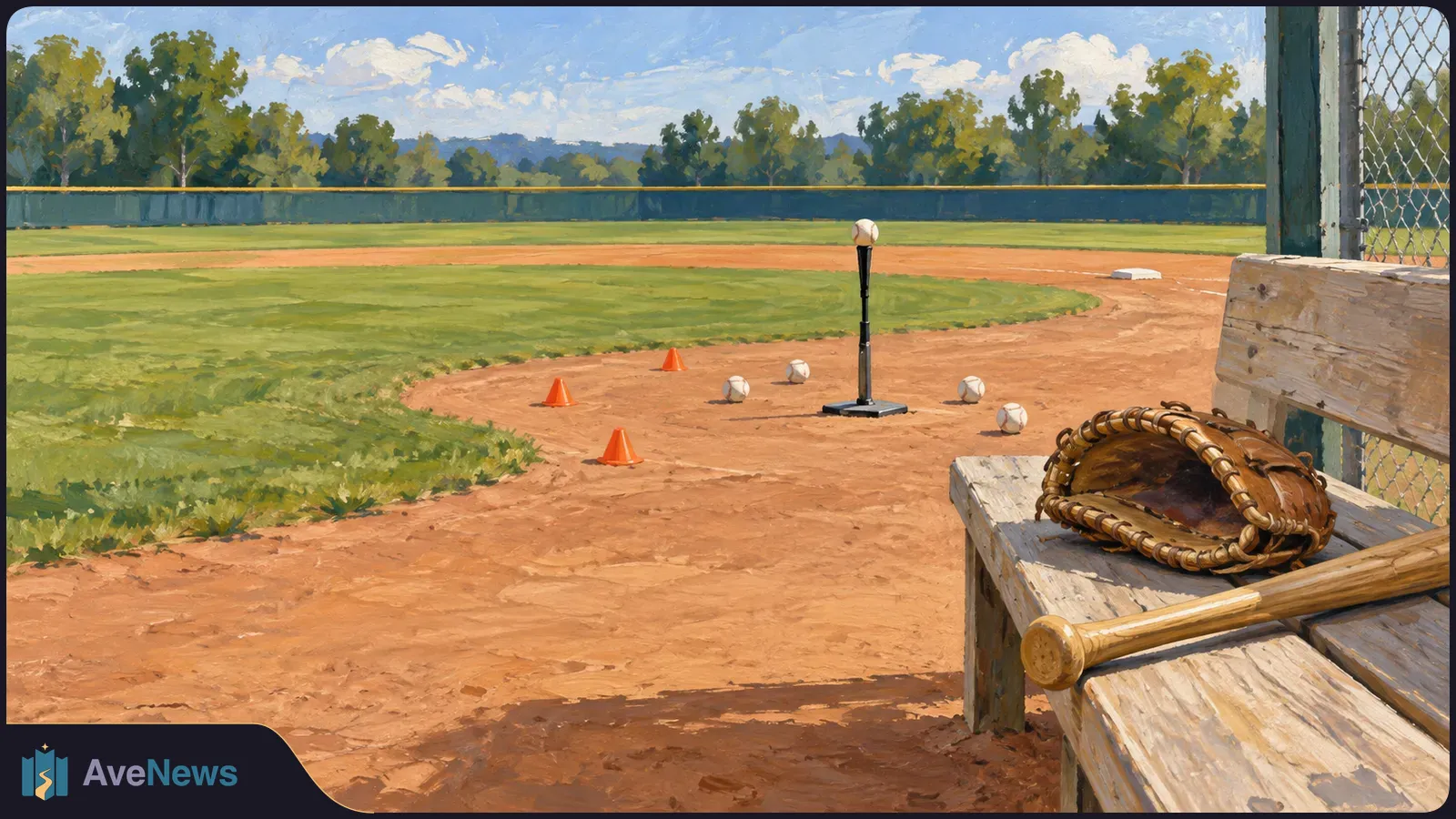 Painted baseball field with a ball on a batting tee, scattered balls and orange cones. A glove and bat rest on a wooden bench in the foreground. SI illustration