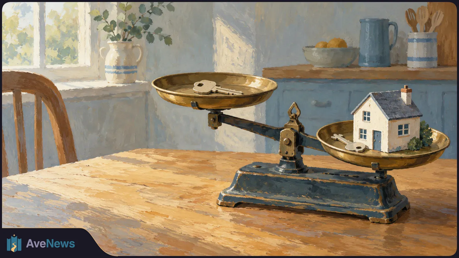 A painted kitchen scene shows a balance scale on a wooden table, with a key on one pan and a small house and key on the other. SI illustration