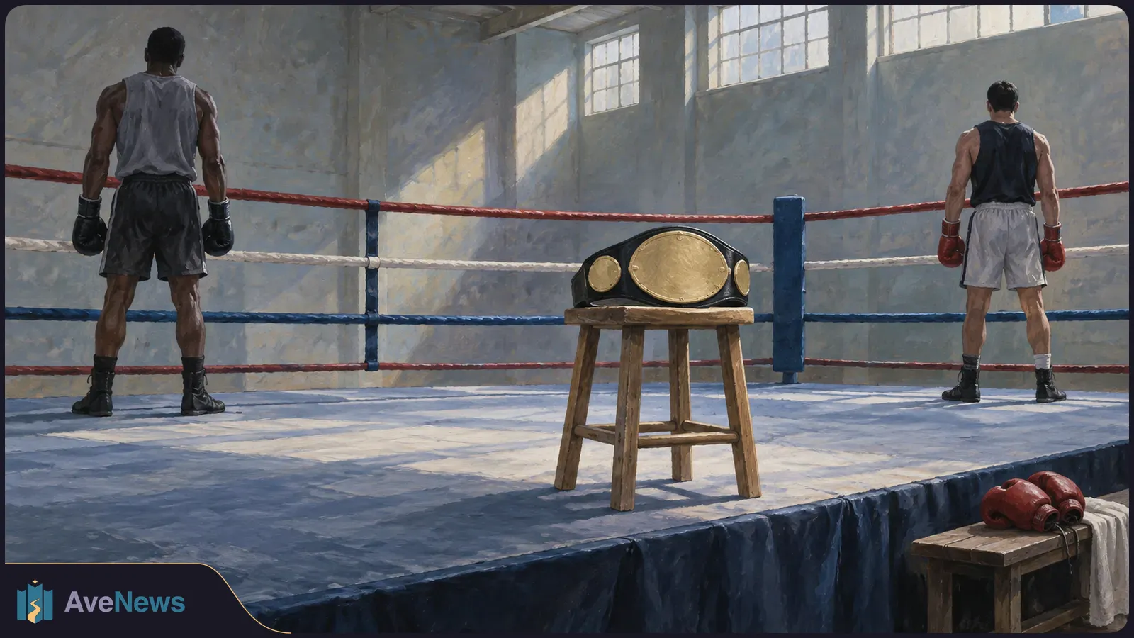 Two boxers stand apart in a sunlit ring, seen from behind. A gold championship belt rests on a stool between them, with spare gloves outside the ropes. SI illustration