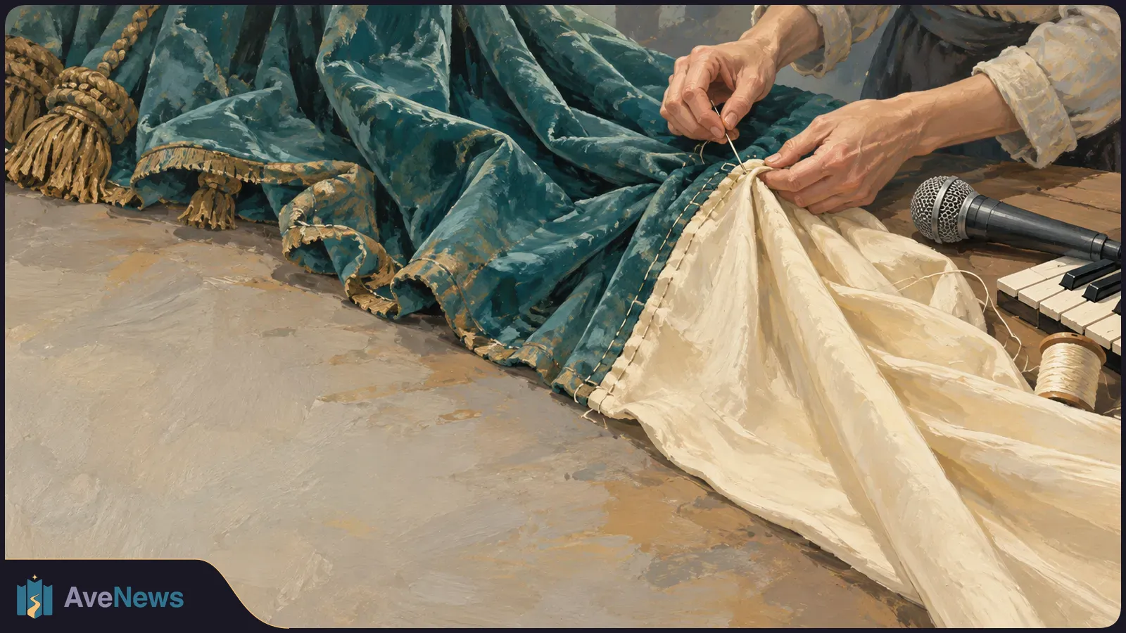 Painted close-up of hands sewing cream fabric to a teal, gold-trimmed curtain on a table, beside a microphone, piano keys and a spool of thread. SI illustration