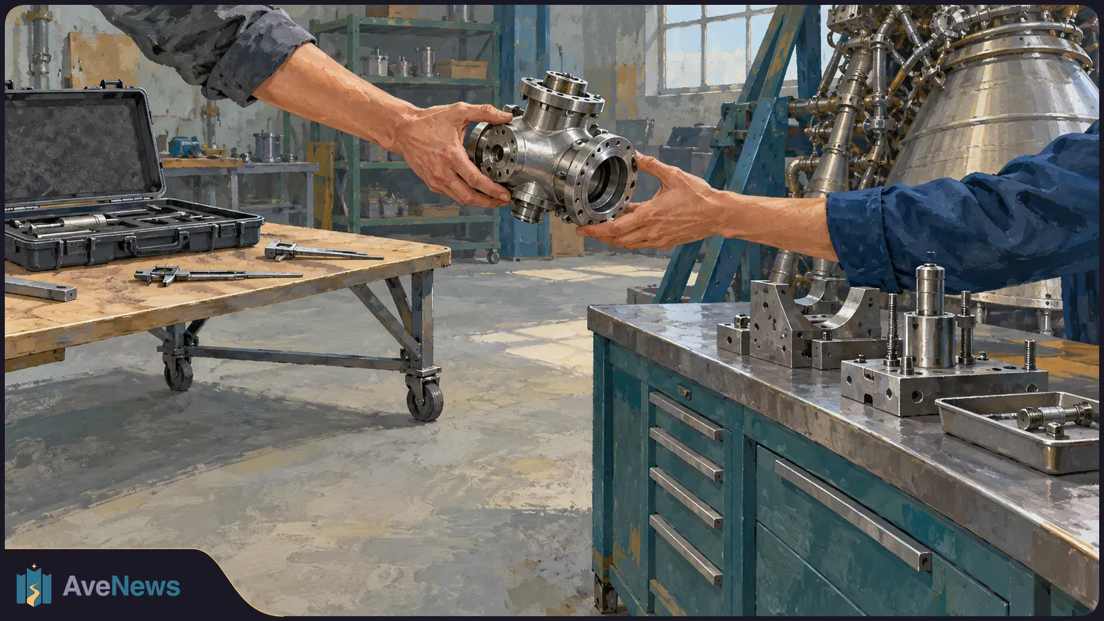 In a workshop, two people pass a flanged metal component between them, with tools and large machinery nearby. SI illustration