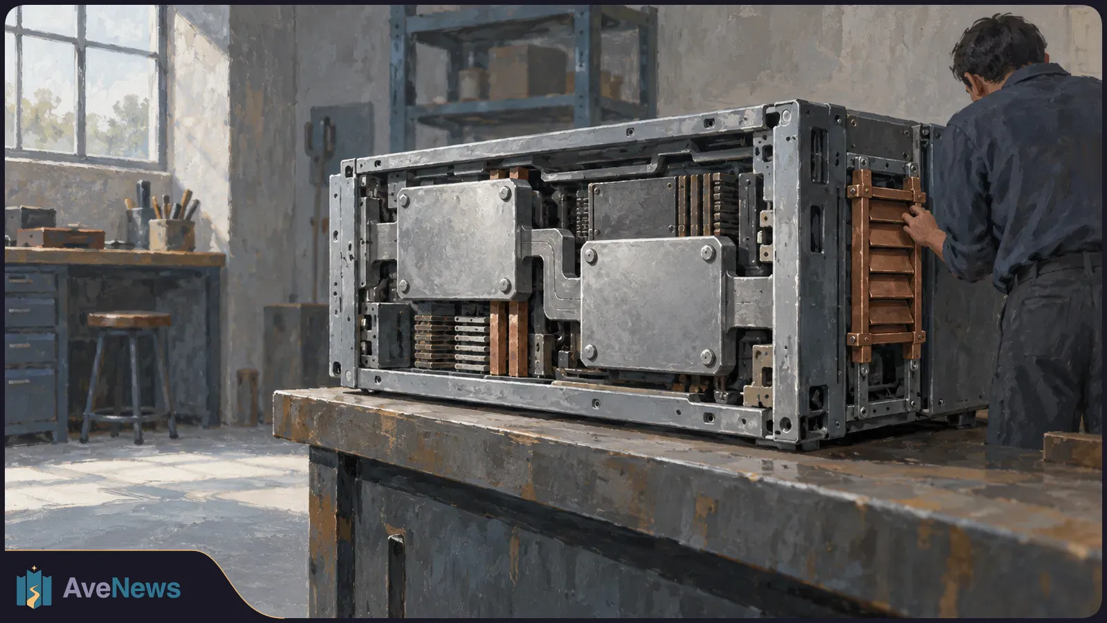 A painted scene of a person working on a large open metal machine on a workbench in a sunlit workshop. SI illustration
