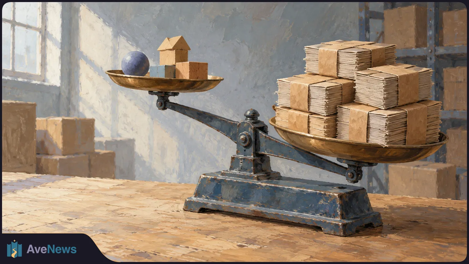 A painted illustration of a balance scale on a wooden table. Toy blocks and a blue ball sit on the raised left pan; stacks of bundled paper weigh down the right pan. Boxes and shelves fill the background. SI illustration