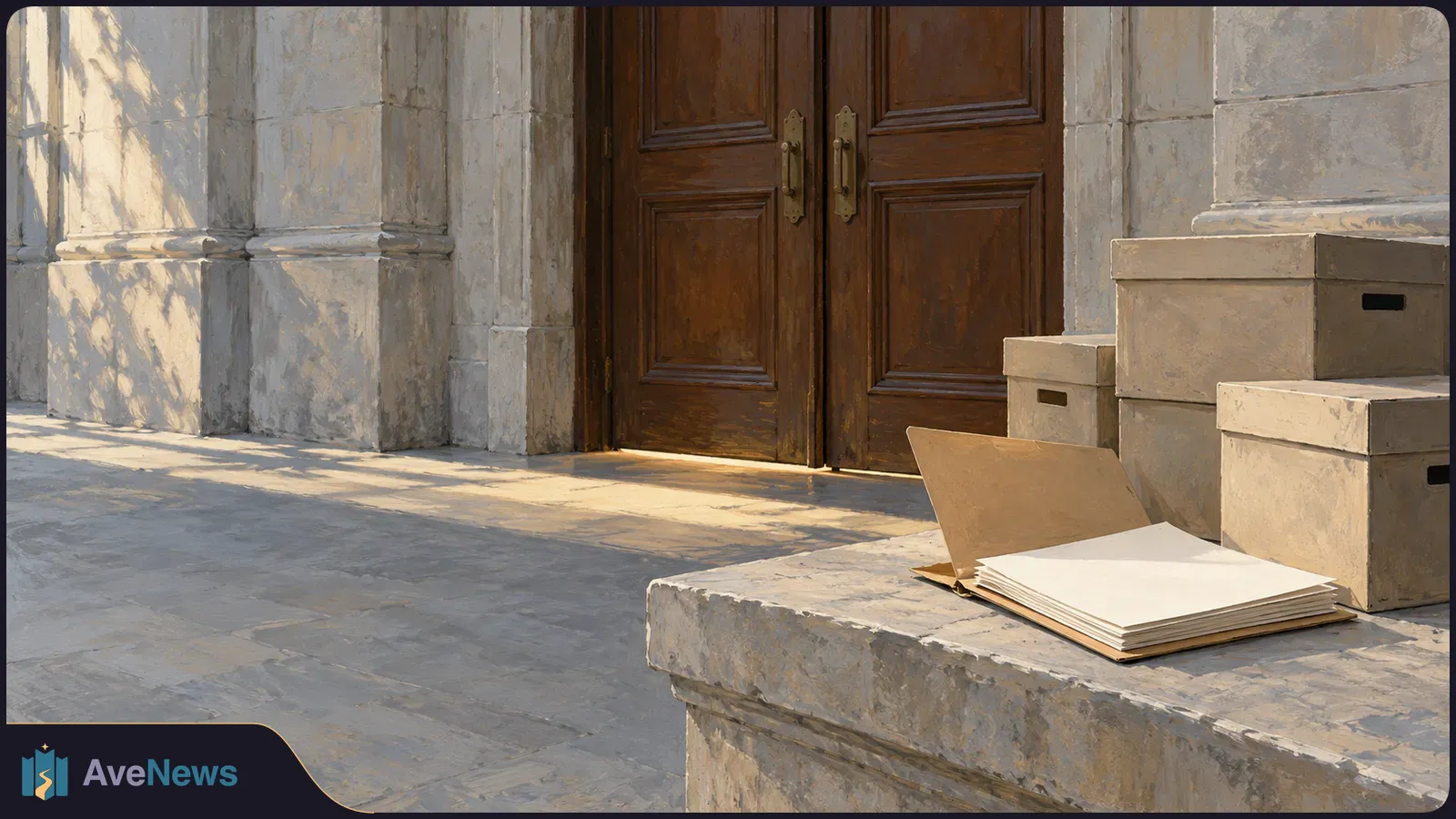 An open folder of blank papers rests on a stone ledge beside stacked storage boxes, in front of closed wooden double doors. SI illustration