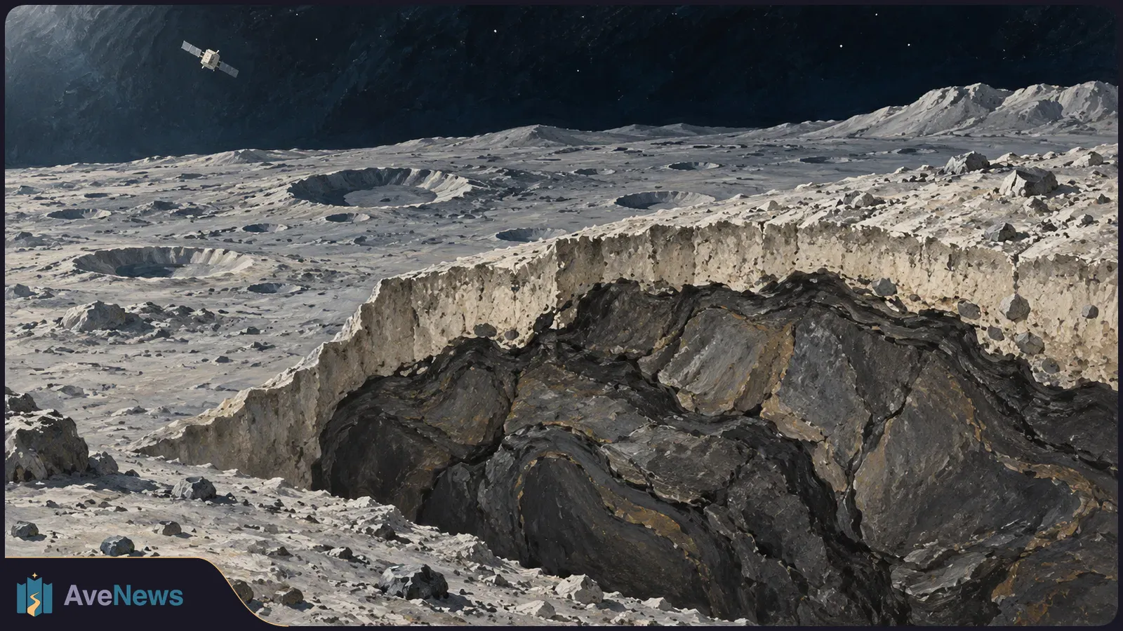 A cutaway of the cratered lunar surface reveals dark buried rock, with a small satellite above against the black sky. SI illustration