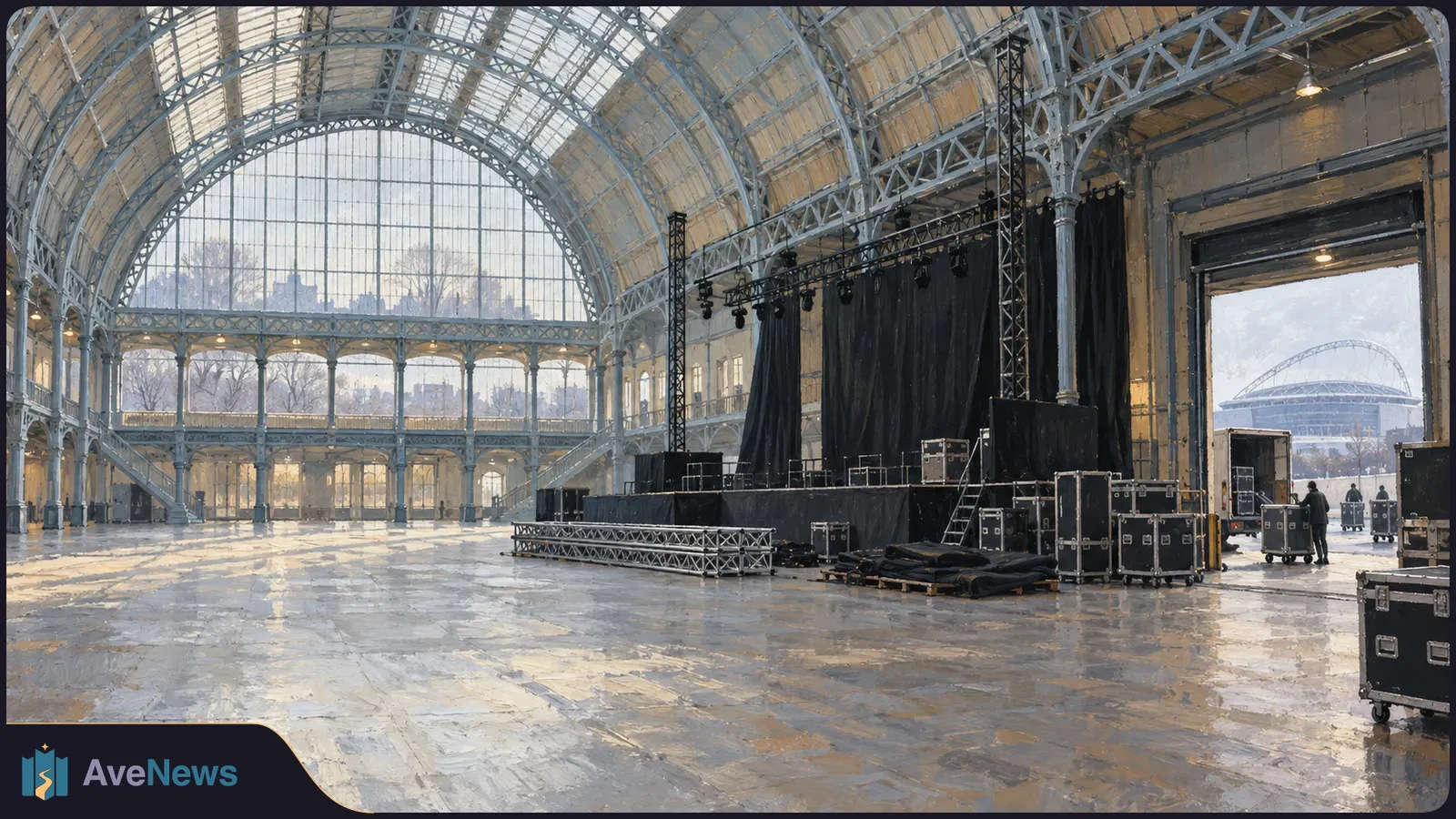 An empty glass-roofed hall with a black concert stage and equipment cases; workers move cases by an open loading door, with a stadium arch beyond. SI illustration