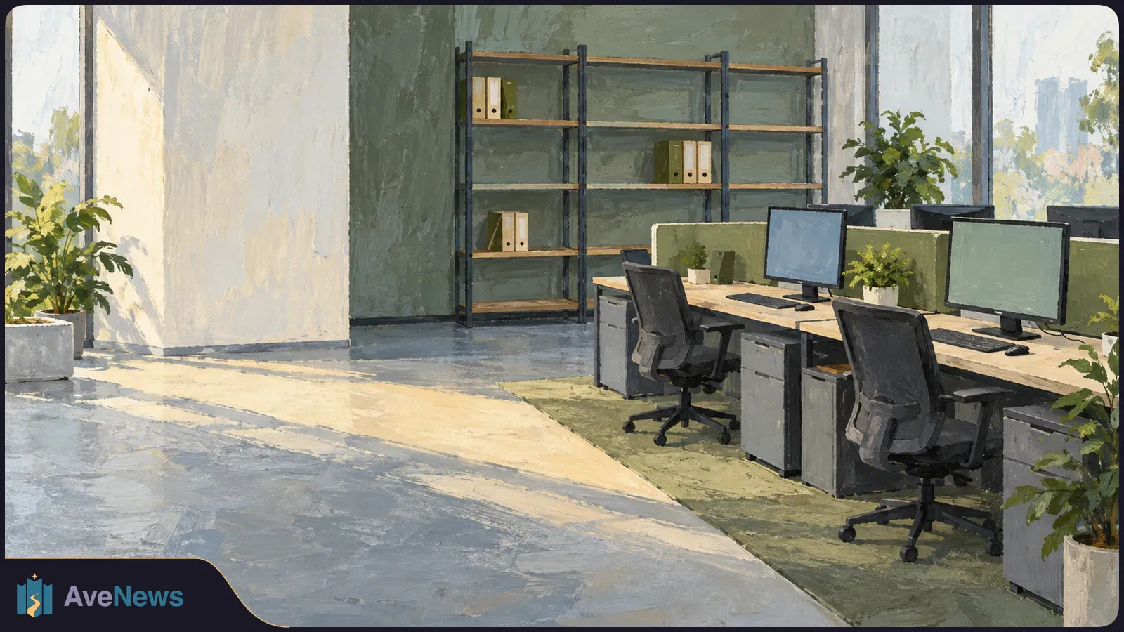Painted empty office with computer workstations, chairs, shelving and potted plants in sunlight. SI illustration