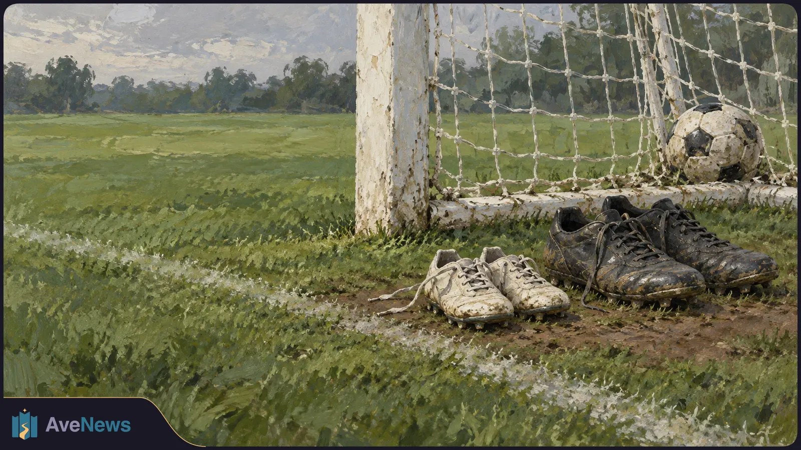 A painted soccer field with a ball resting in the goal. A smaller pair of light cleats and a larger pair of dark cleats sit on the grass nearby. SI illustration