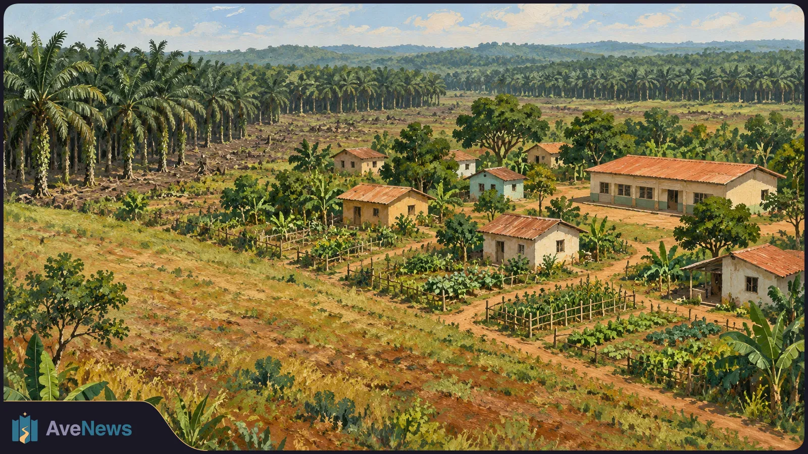Painted landscape of small houses with red roofs and fenced gardens beside a broad cleared area, with rows of palm trees stretching into the distance. SI illustration