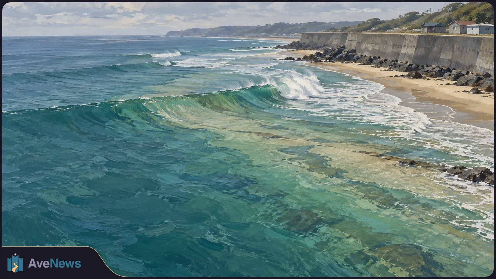 Turquoise waves break toward a sandy shore beside a tall concrete seawall lined with rocks; small buildings and green hills sit beyond. SI illustration