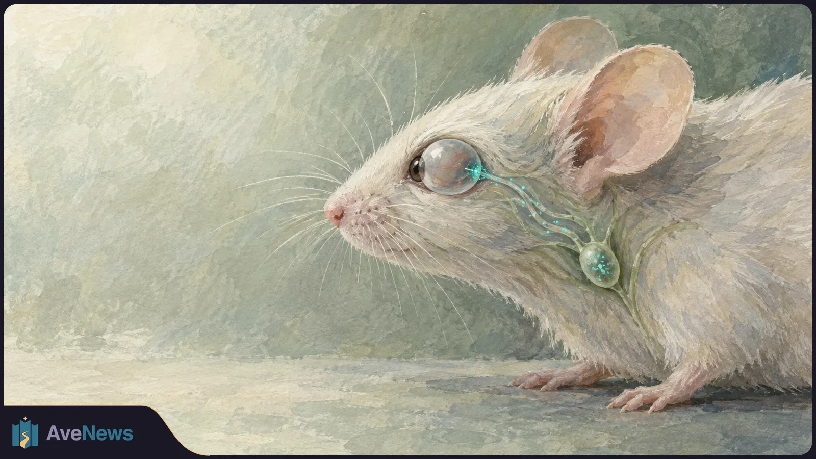 Painted close-up of a white mouse in profile, with a large glassy eye and glowing turquoise lines leading to a small round shape near its neck. SI illustration