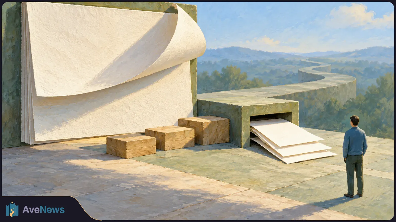 A large blank page curls beside three stone blocks. More blank sheets extend from a stone opening, while a person stands nearby and a winding path stretches into the hills. SI illustration