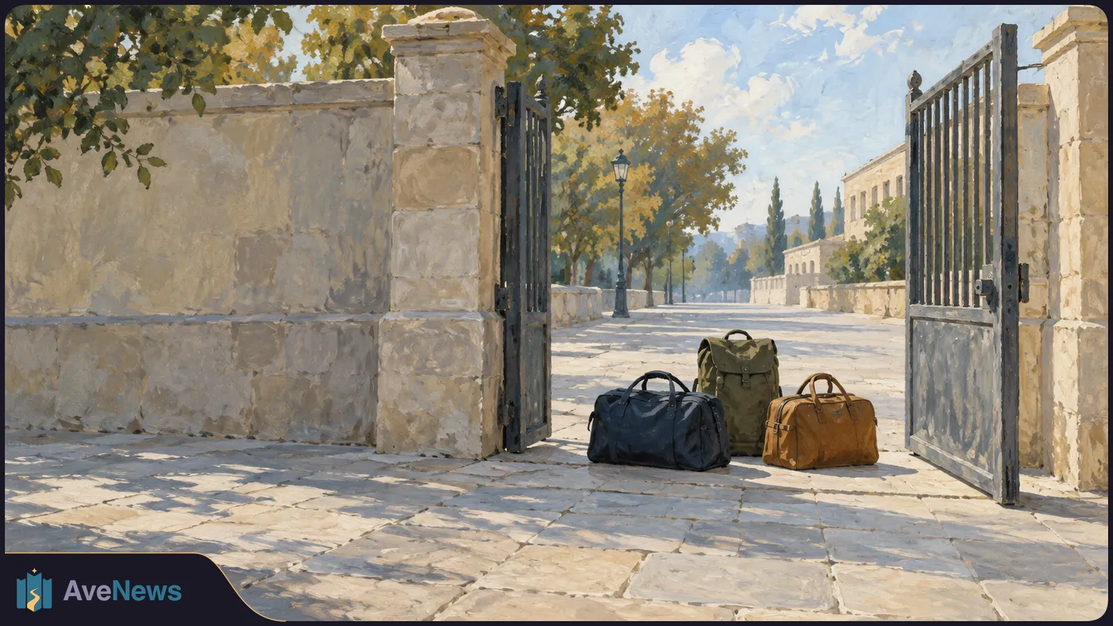 Painterly view of three bags on a sunlit stone path between open iron gates, with trees, a lamppost and pale buildings beyond. SI illustration
