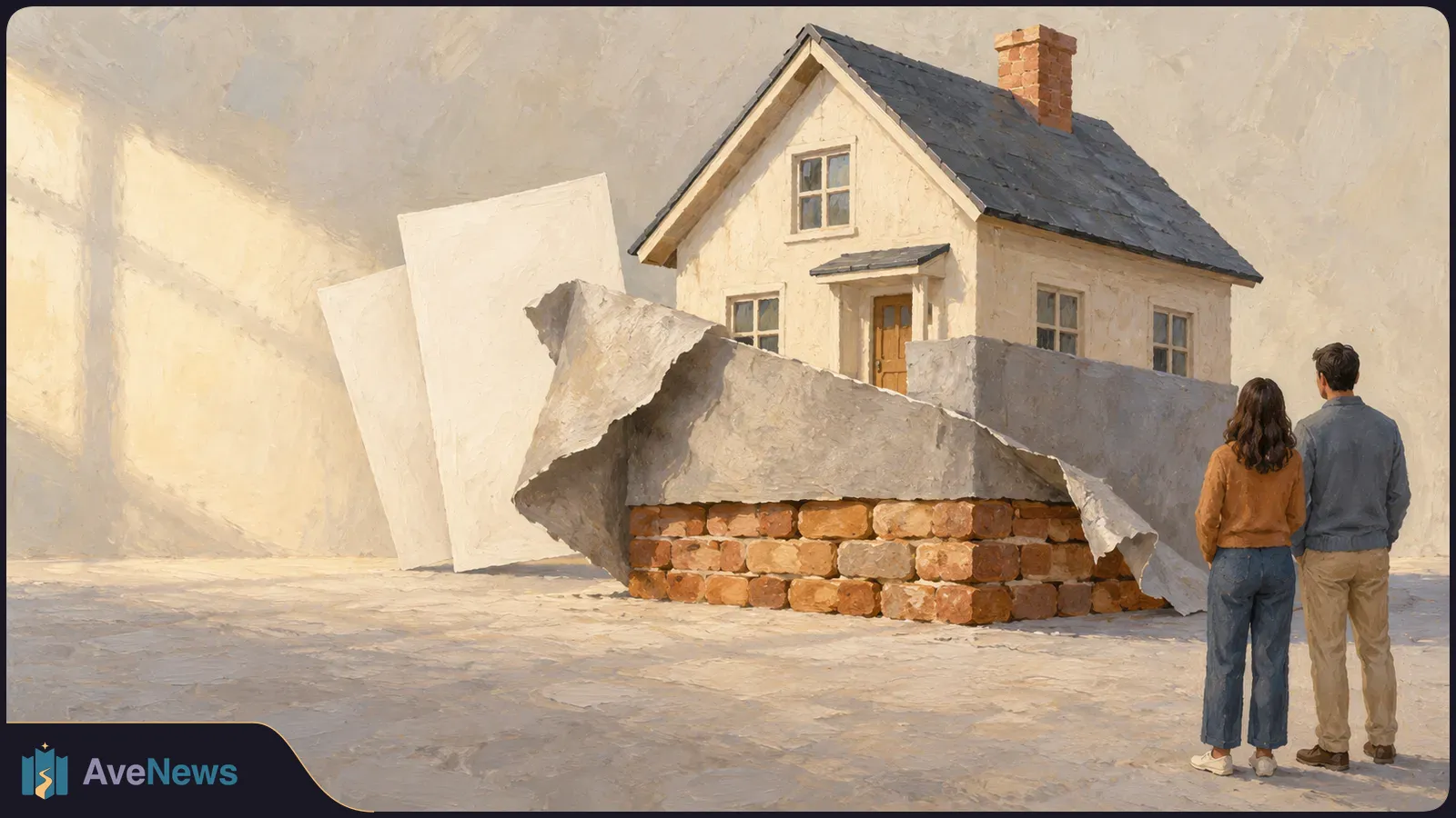 Painterly illustration of two people seen from behind facing a cream-colored house with a dark roof. A low brick wall and large folded gray sheets stand in front. SI illustration