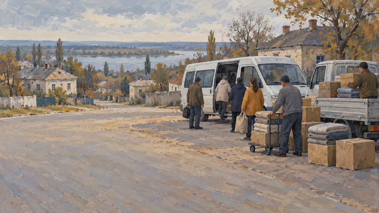 A painted village street slopes toward water. People gather beside a white van and a truck loaded with boxes and folded blankets, among houses and autumn trees. SI illustration