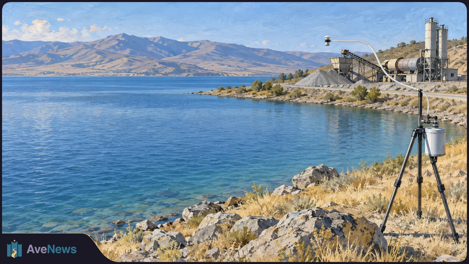A painted lakeshore scene with an industrial plant, gravel piles and silos across the water from a tripod-mounted sampling device. SI illustration