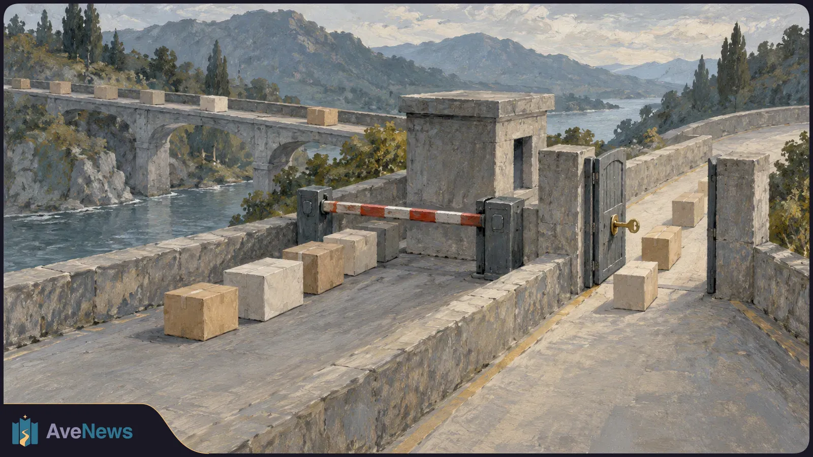 Painted scene of a stone bridge over a river, with parcels lined along its lanes, a striped barrier, an open gate and a key. Mountains rise in the distance. SI illustration