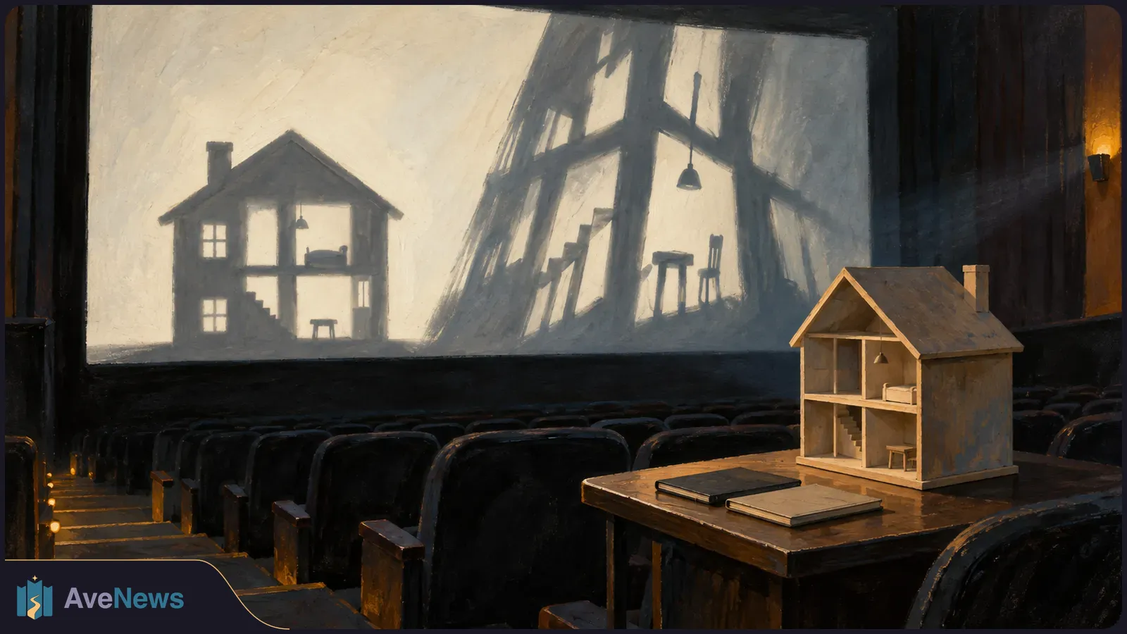 In an empty cinema, a wooden dollhouse sits on a table before a screen showing a house beside a looming, distorted house-shaped shadow. SI illustration
