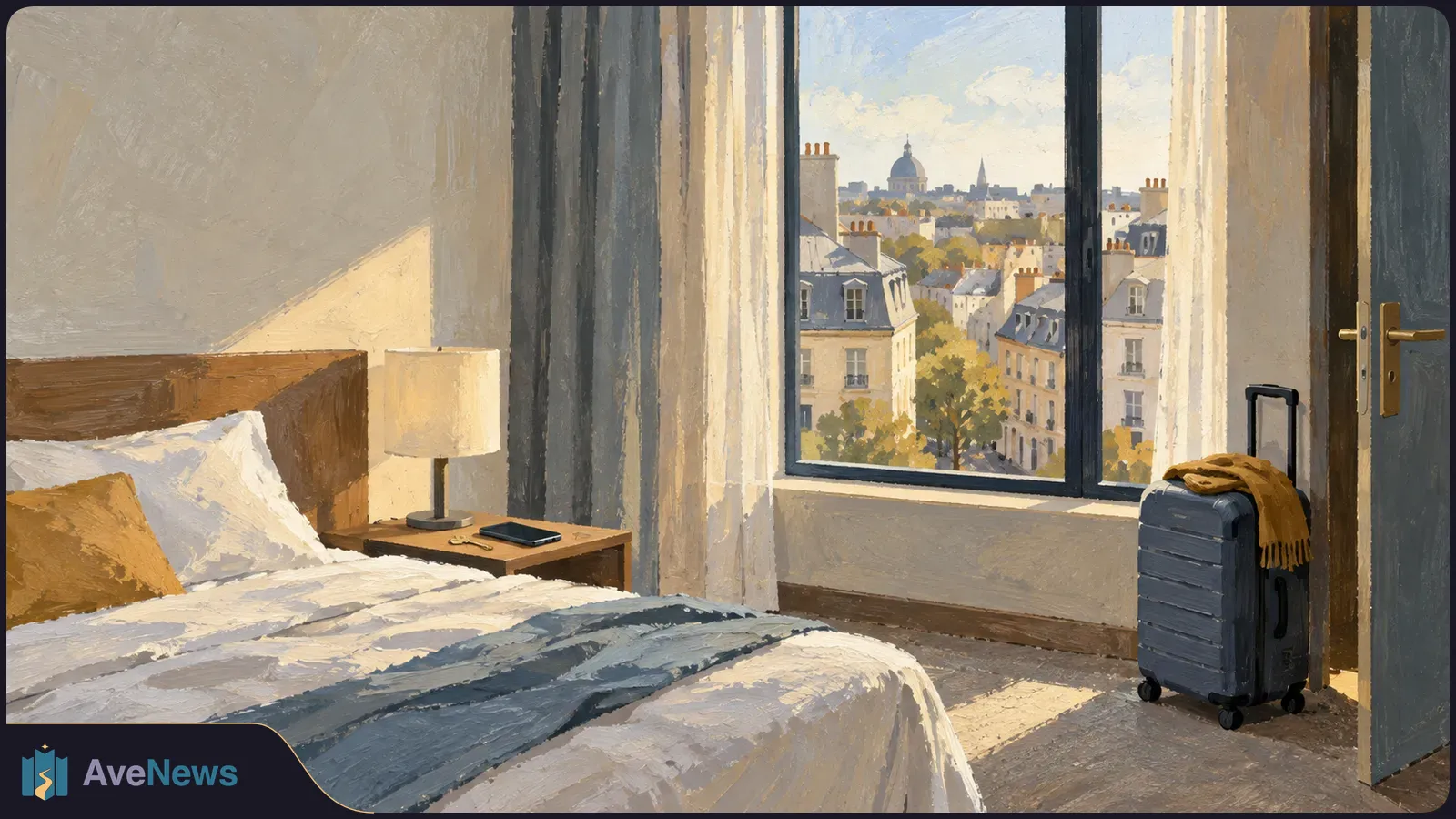 Painted hotel room with a made bed, bedside lamp and suitcase by the door; city rooftops and a dome are visible through the window. SI illustration