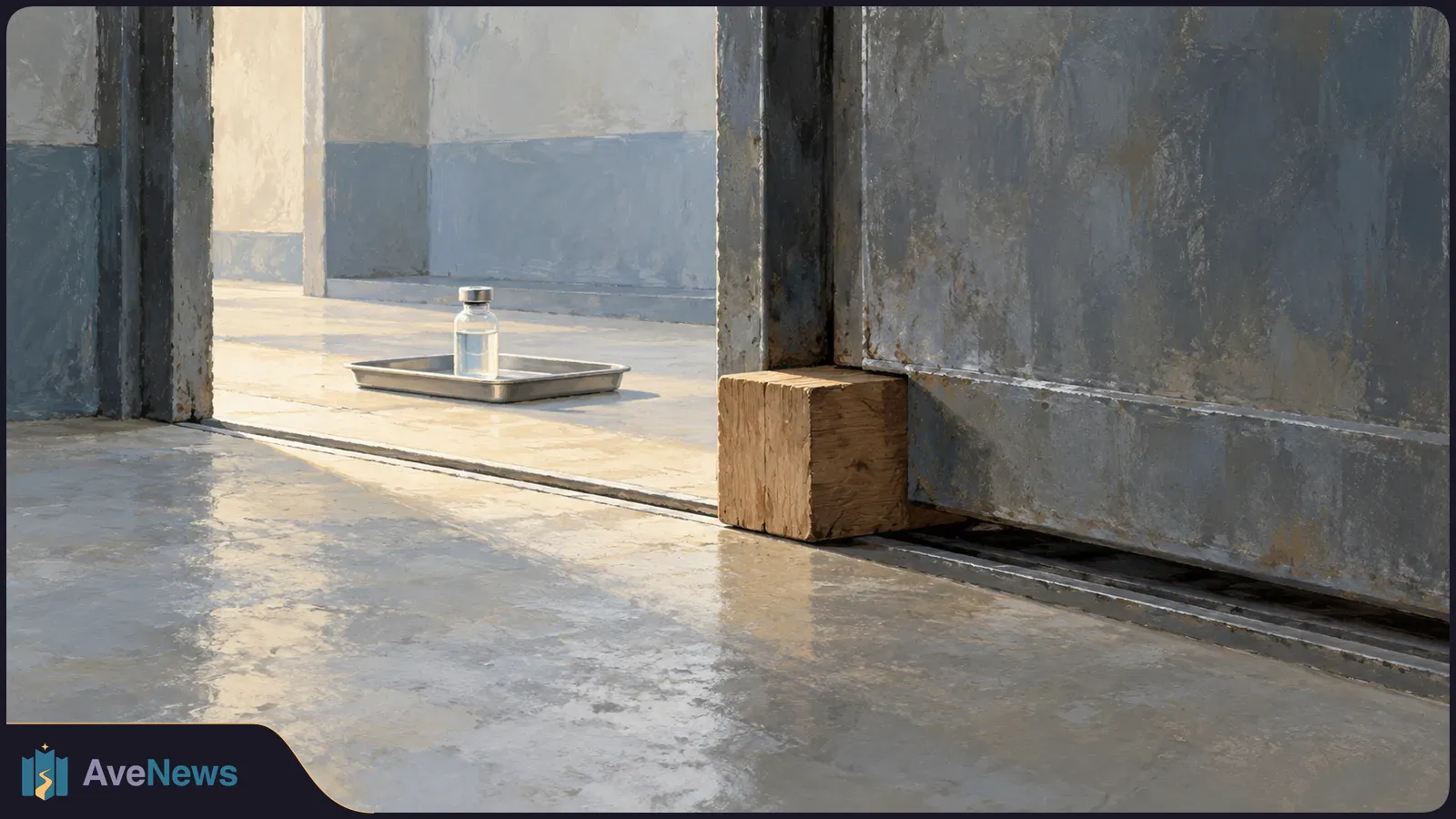 A small vial sits on a metal tray beyond a heavy gray door held open by a wooden block. Sunlight falls across the bare floor. SI illustration