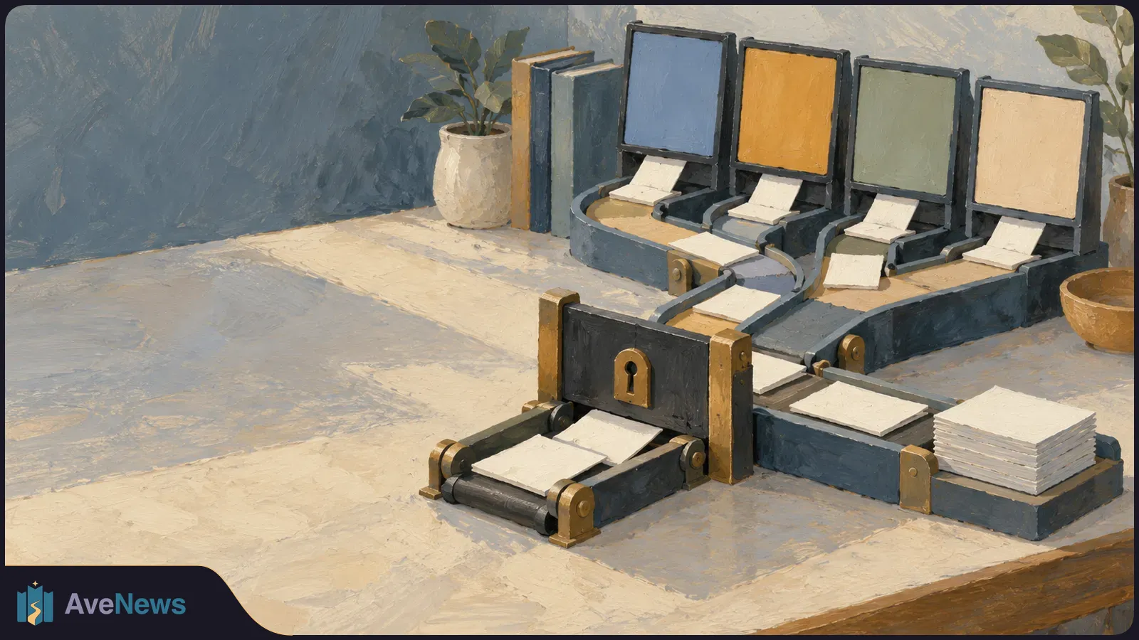 Painted illustration of four blank screens feeding paper slips along branching conveyor belts toward a dark gate with a keyhole; a stack of papers sits at the side. SI illustration