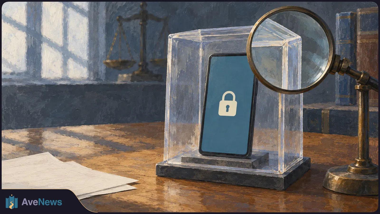 Illustration of a phone with a closed padlock symbol inside a clear case on a desk, beside a magnifying glass, papers, books and scales. SI illustration