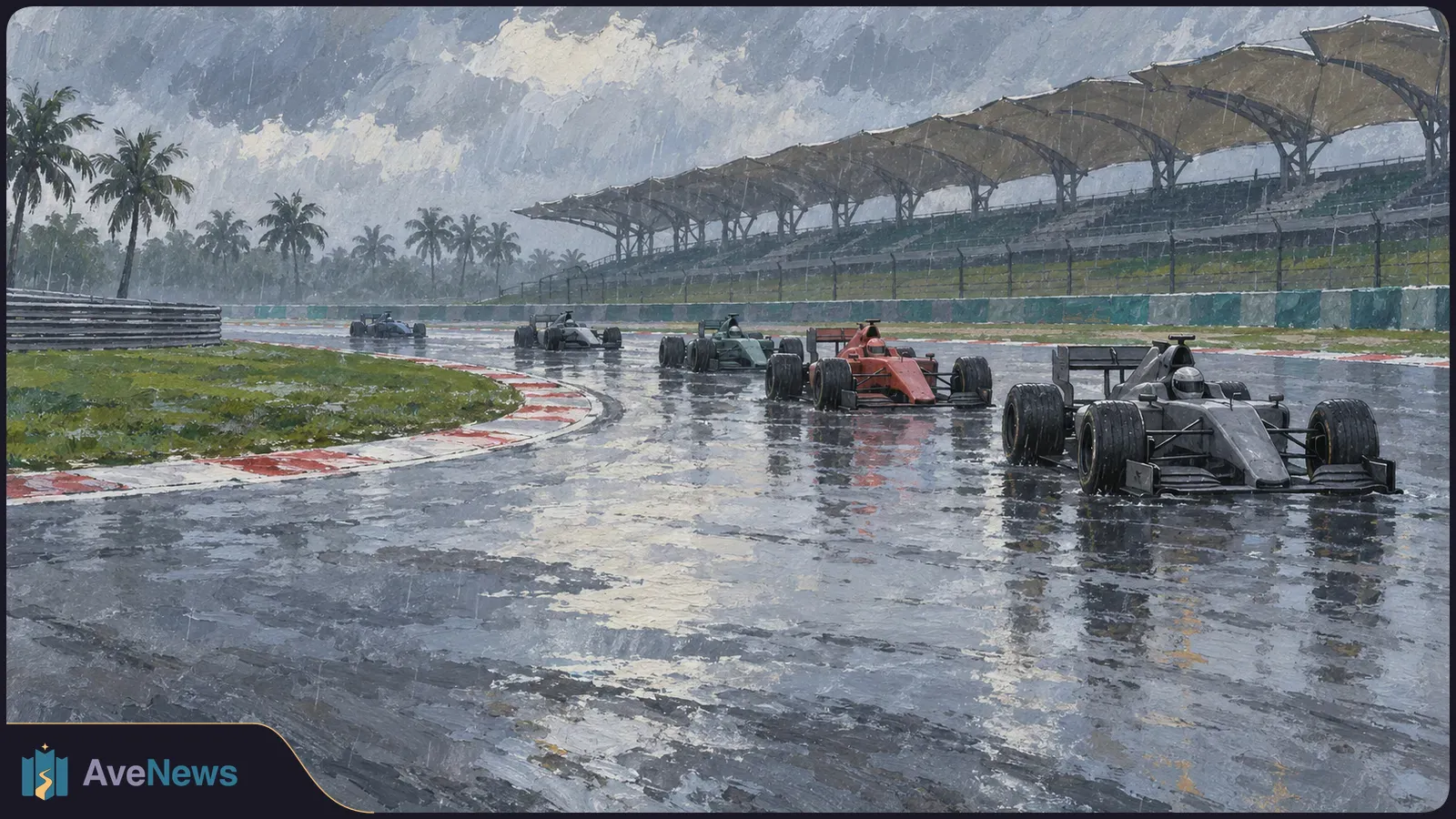 Painted scene of open-wheel race cars rounding a rain-soaked circuit, with palm trees and covered grandstands beneath dark clouds. SI illustration