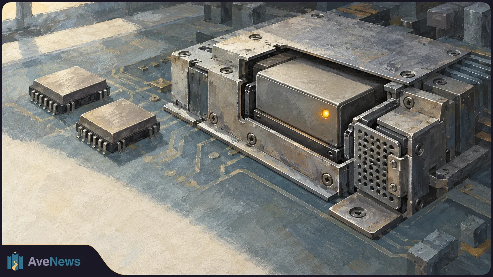 Illustration of a metal module with screws, a perforated side panel and a glowing amber light on a circuit board, beside two square chips. SI illustration