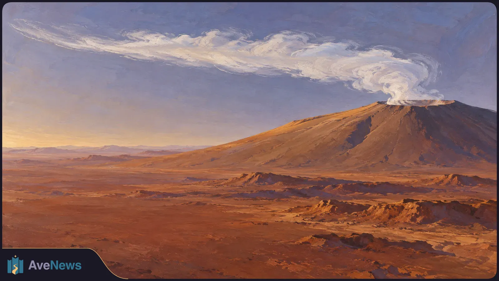 Painted red desert landscape with a broad volcano and a long white cloud stretching from its summit across a violet sky. SI illustration