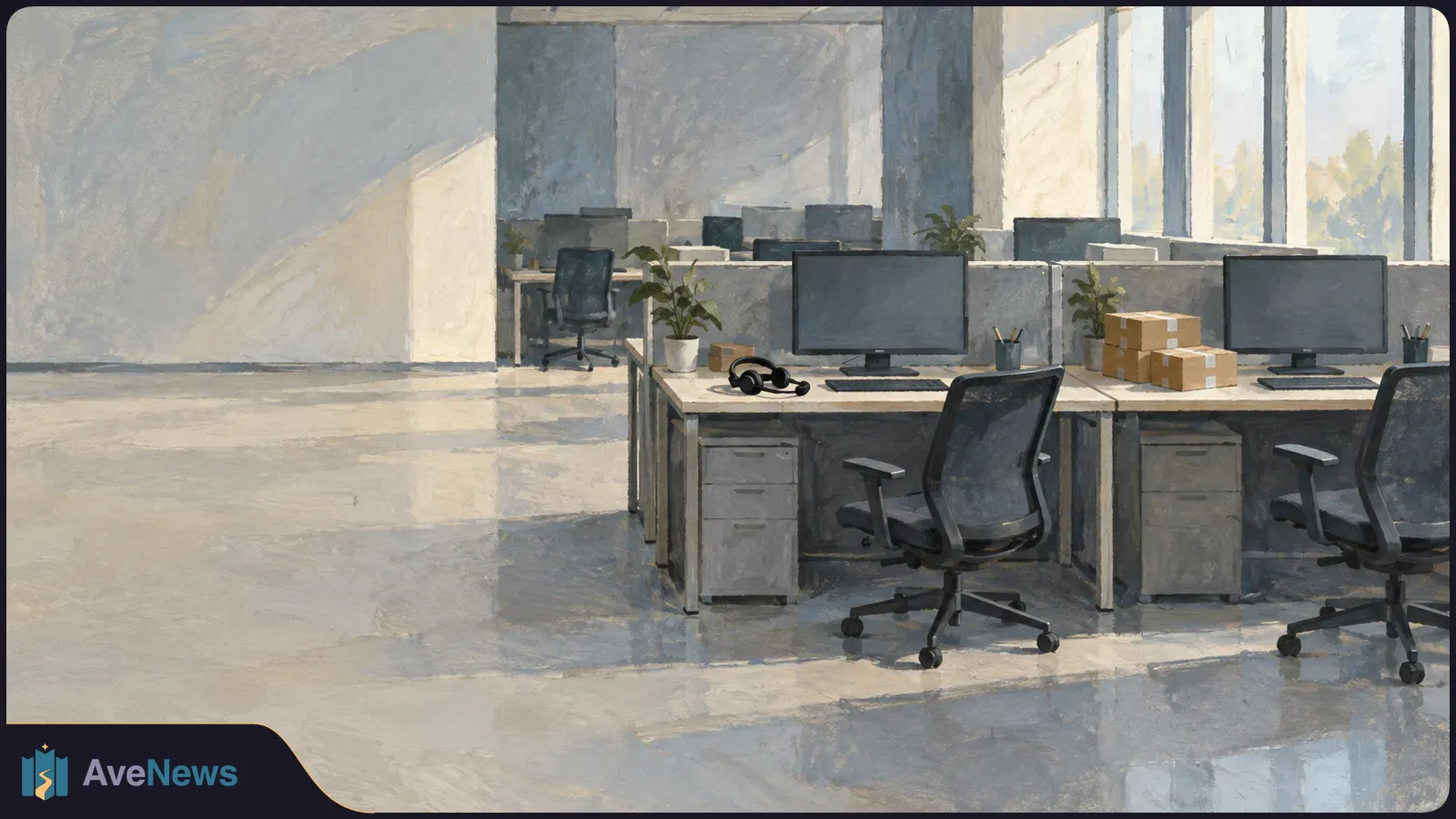 Painted empty office with computer workstations, a headset, small parcel boxes, plants and chairs beside sunlit windows. SI illustration