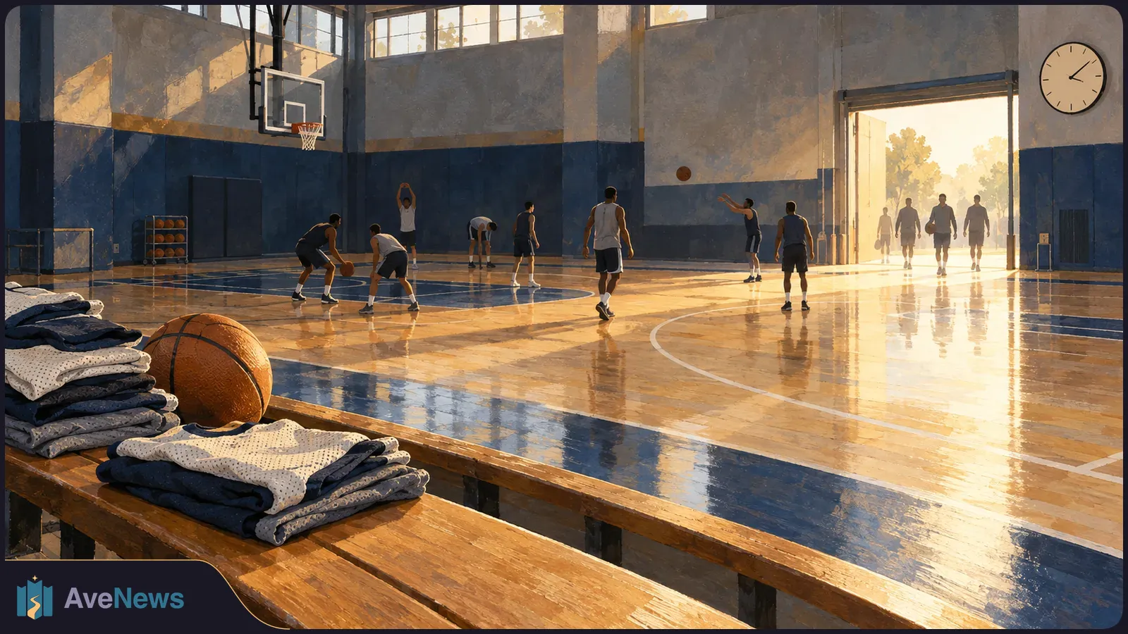 Illustrated basketball gym with players practicing on a sunlit court; a ball and folded clothes rest on a bench in the foreground. SI illustration