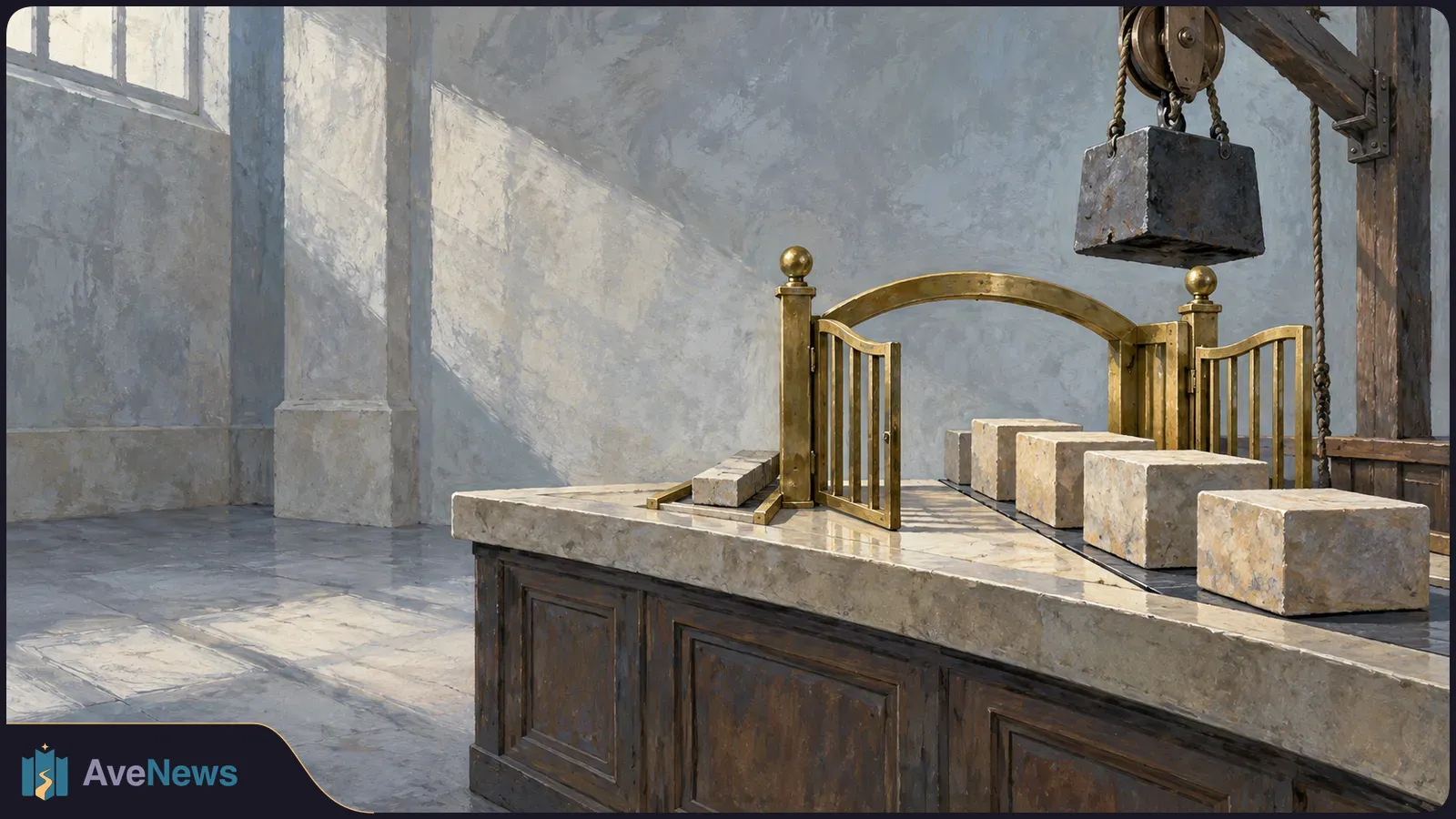 An open gold gate stands among stone blocks on a counter, while a heavy block hangs from a pulley above in a sunlit, painterly room. SI illustration