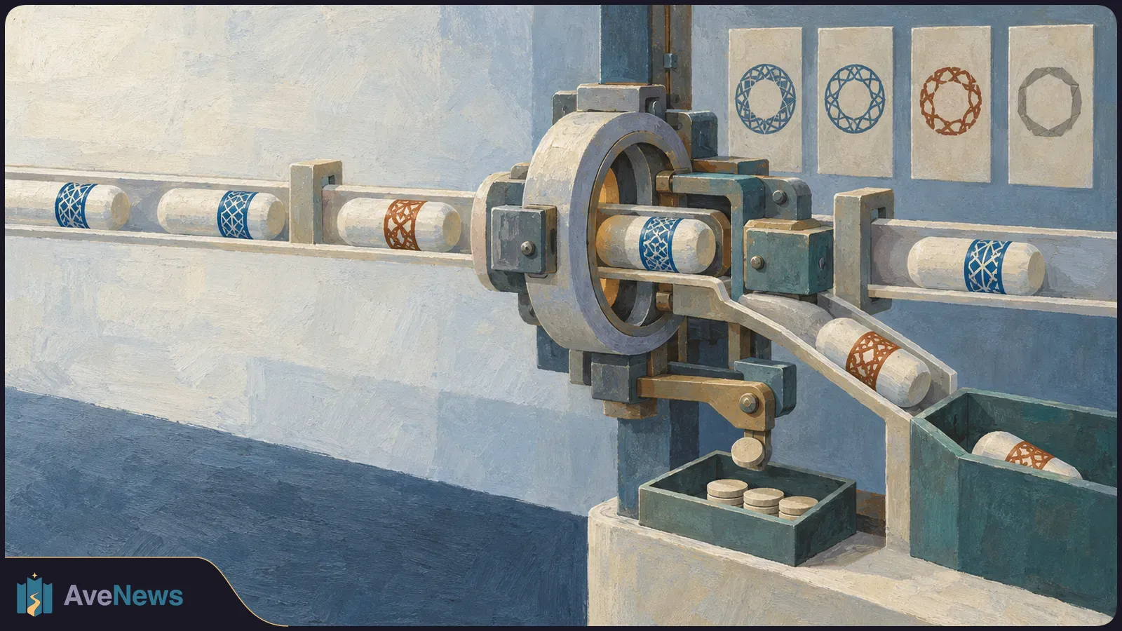 Painted illustration of patterned cylinders passing through a large mechanical gate on a conveyor, with one diverted toward a bin; four matching pattern cards hang behind it. SI illustration
