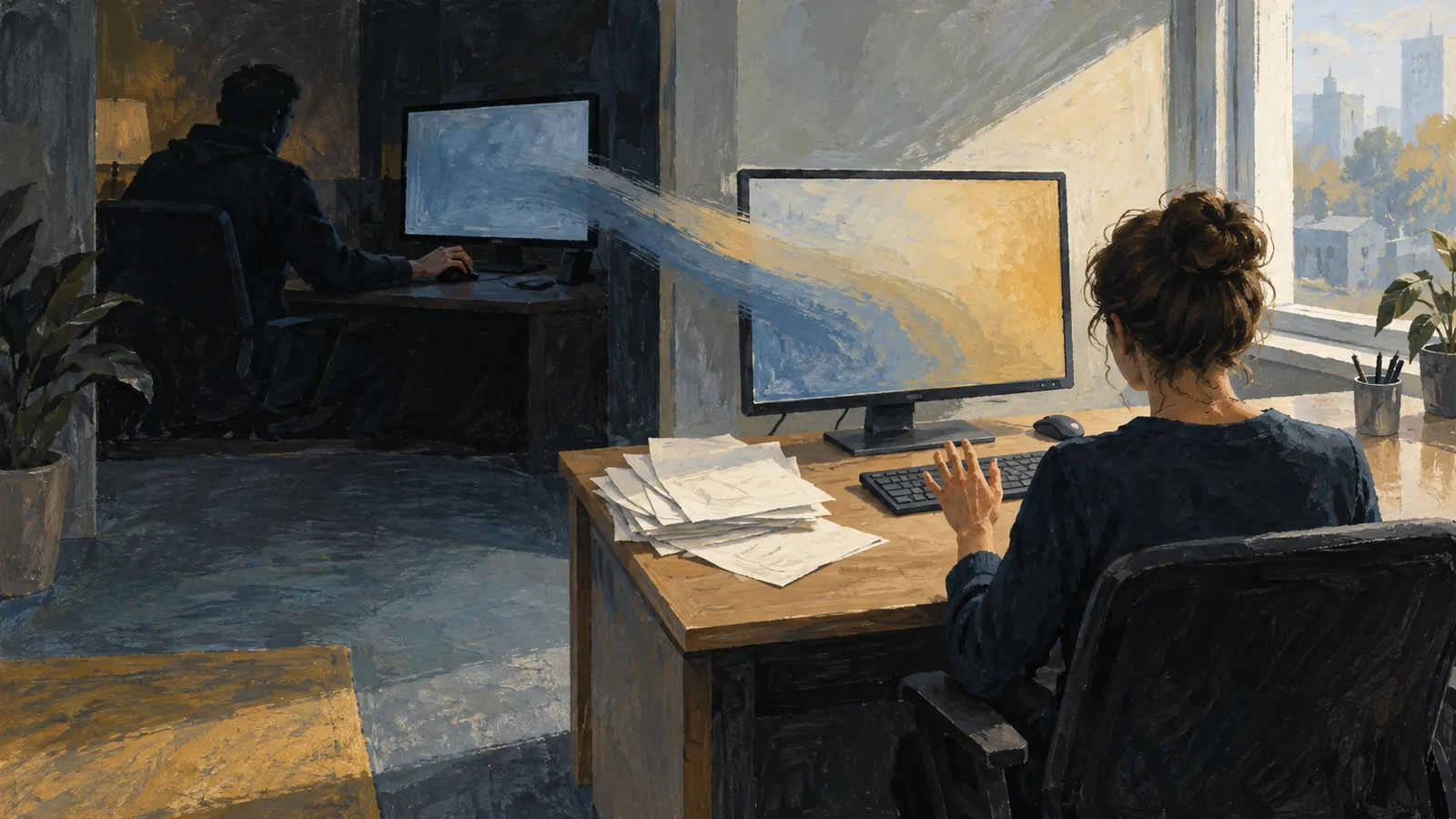 A painted scene shows two people at computers in separate rooms, with blue and gold strokes stretching between their screens. SI illustration
