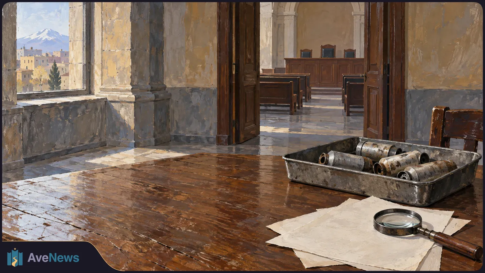 A painted courtroom seen past a wooden table holding a tray of metal canisters, blank papers and a magnifying glass; a mountain is visible through the window. SI illustration