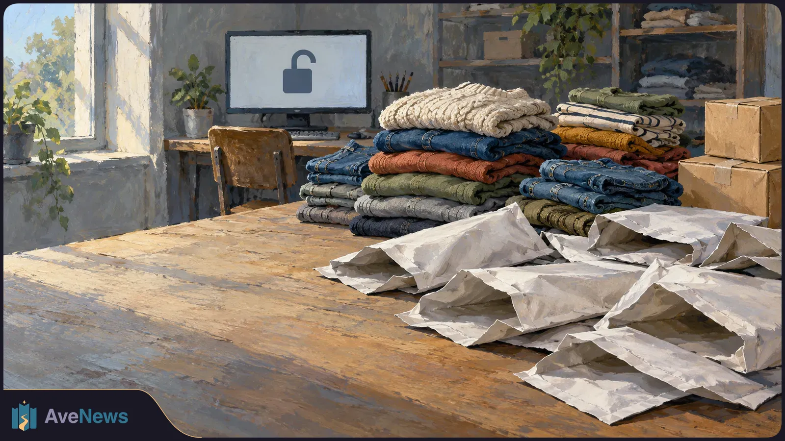 Illustration of folded clothes, open paper mailers and boxes on a worktable; a computer in the background shows an open padlock icon. SI illustration