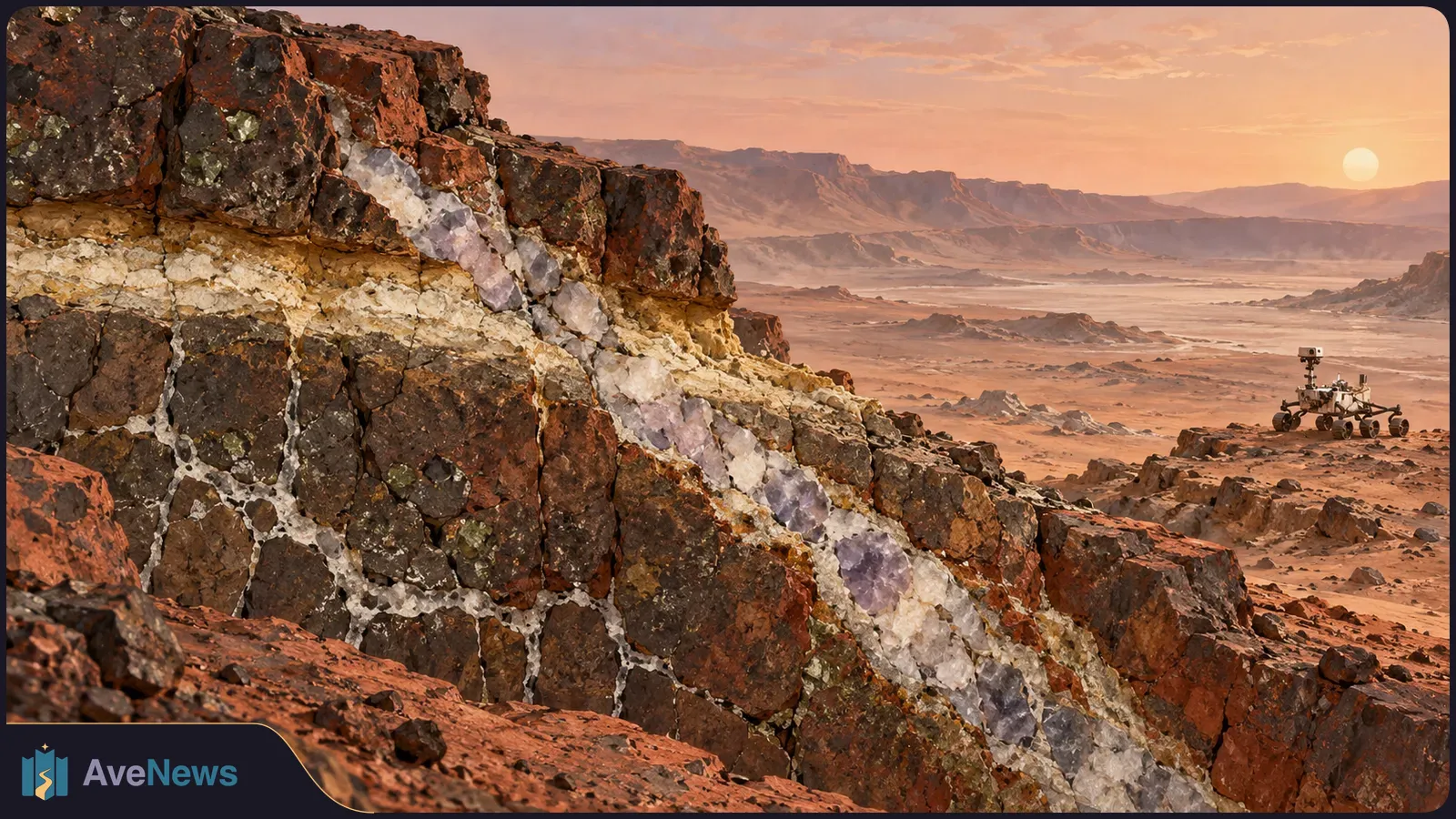 White and purple mineral veins cut through a reddish rock face. A rover sits on a barren plain in the distance beneath a low sun. SI illustration