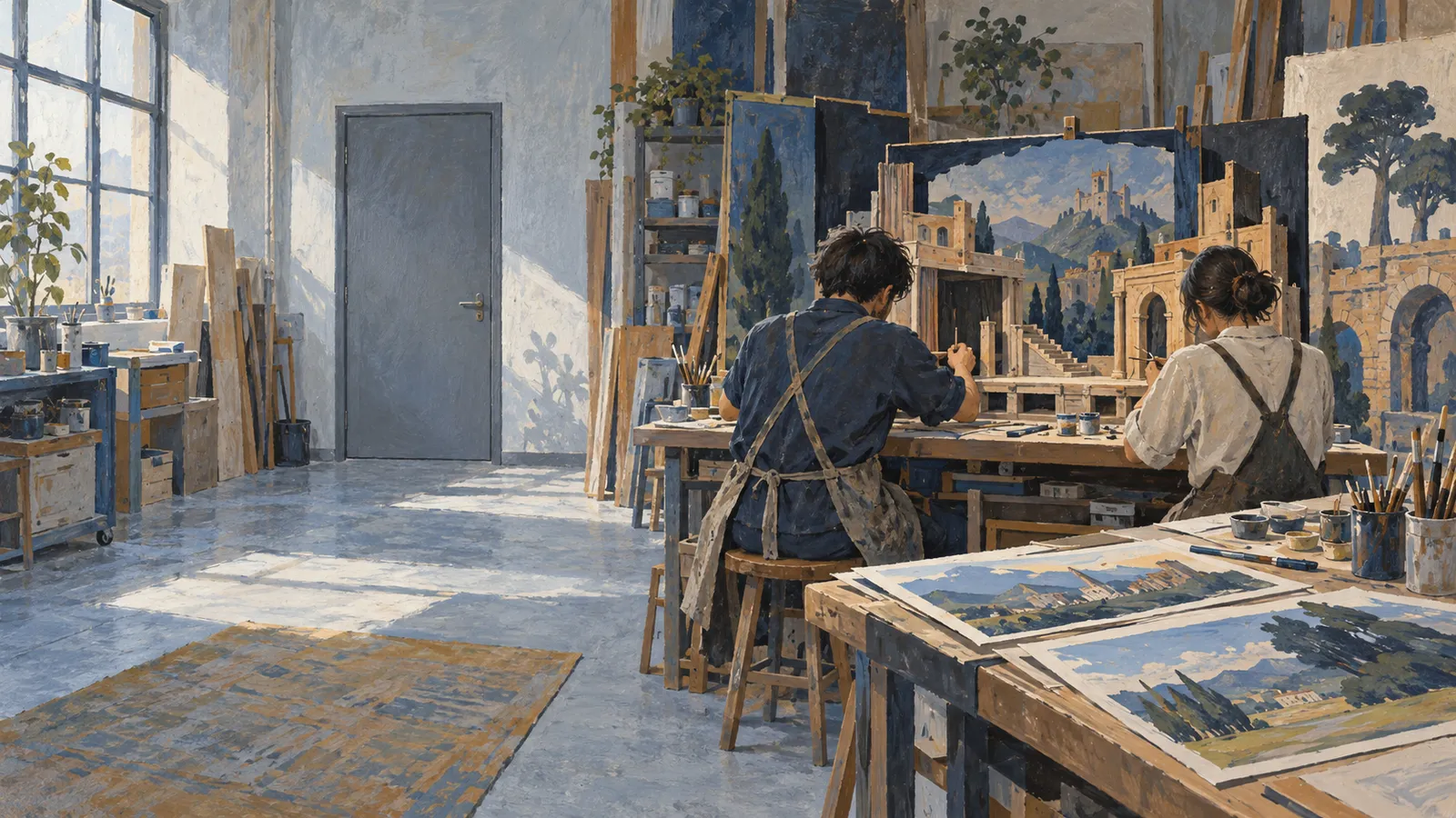 Two people work on a miniature architectural scene in a sunlit art studio, surrounded by landscape paintings, brushes and supplies. SI illustration