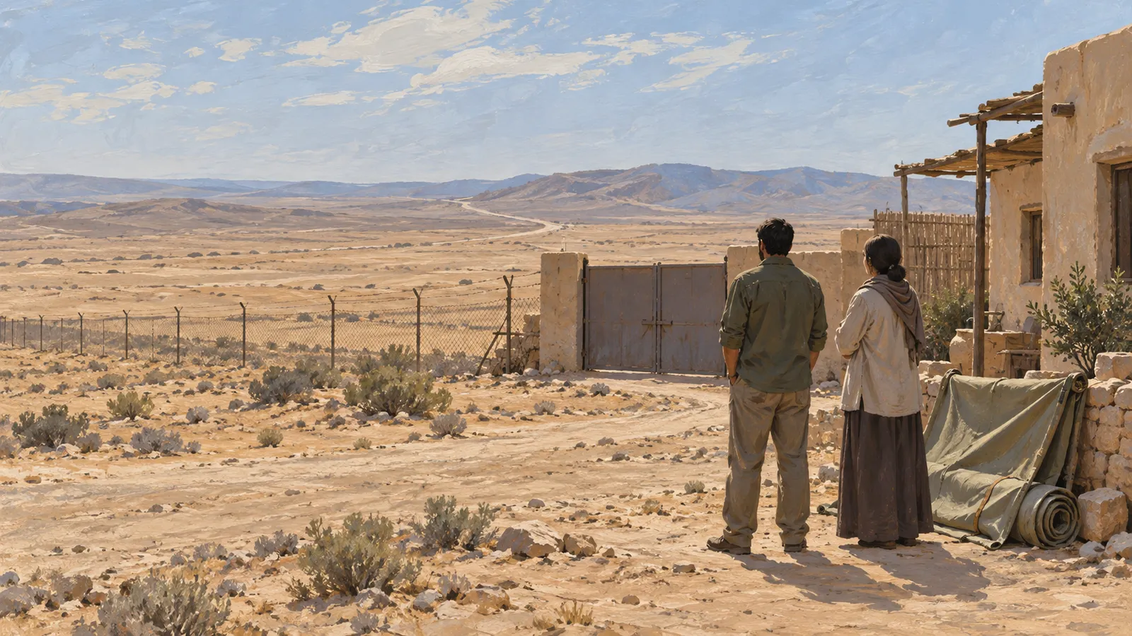 Two people stand beside a building, facing a closed gate and a vast arid landscape with distant mountains. SI illustration