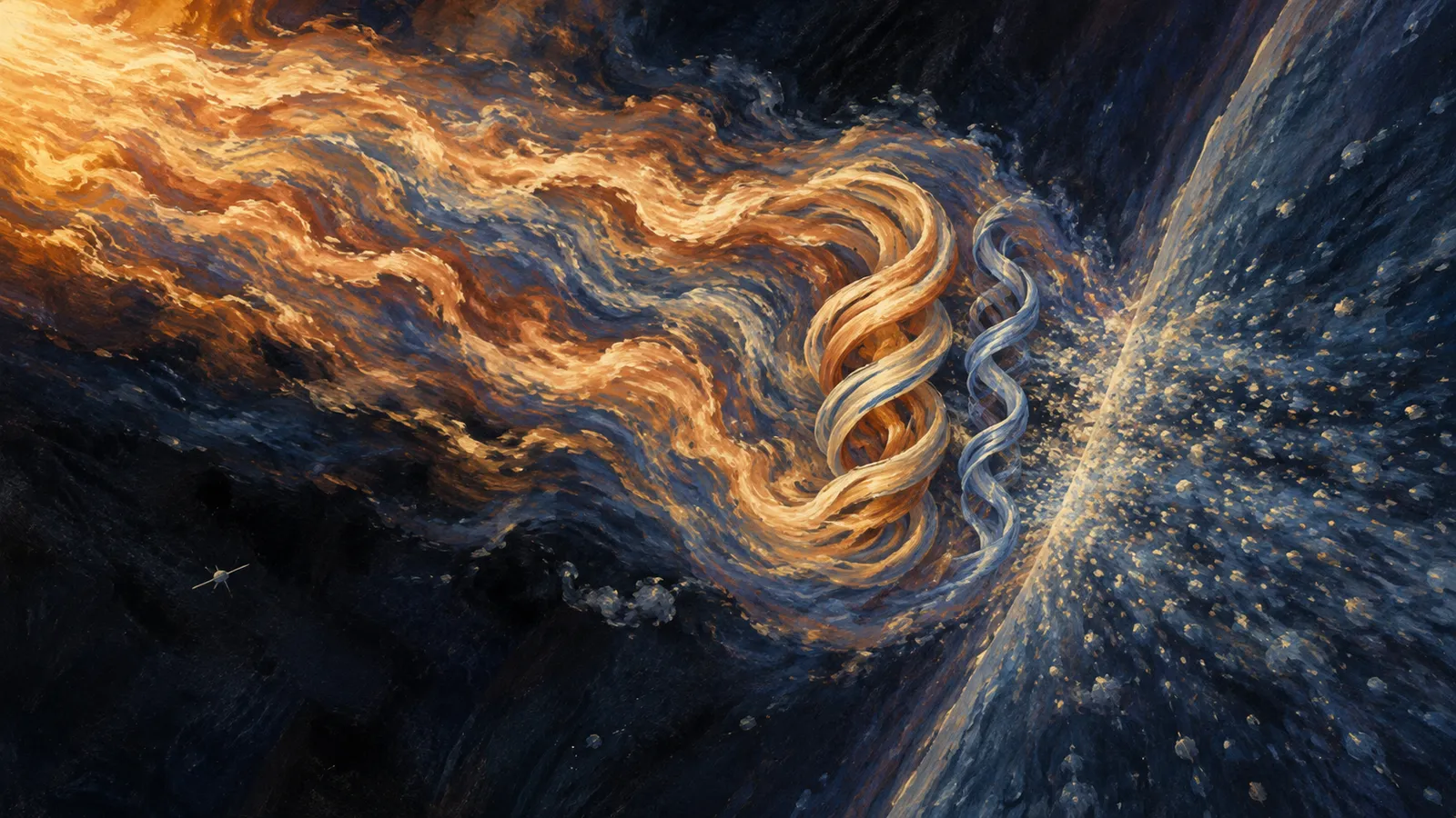 An illustration of orange and blue streams twisting into helices beside a curved blue surface, with a tiny spacecraft at lower left. SI illustration