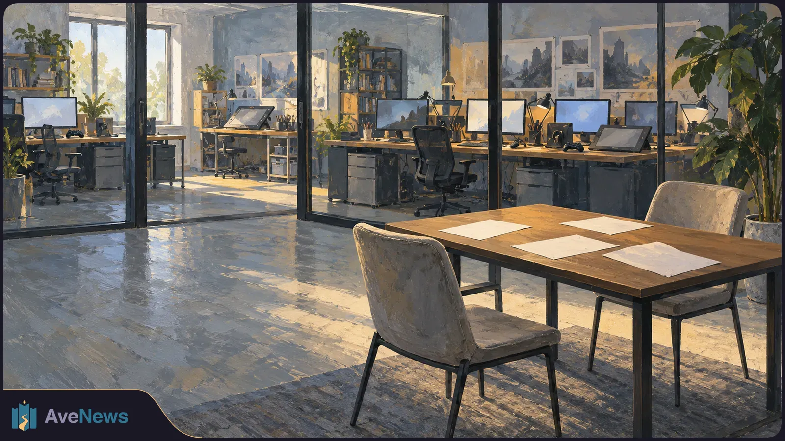 Painterly view of an empty office with desks, monitors, game controllers and plants behind glass walls; blank sheets lie on a meeting table in front. SI illustration