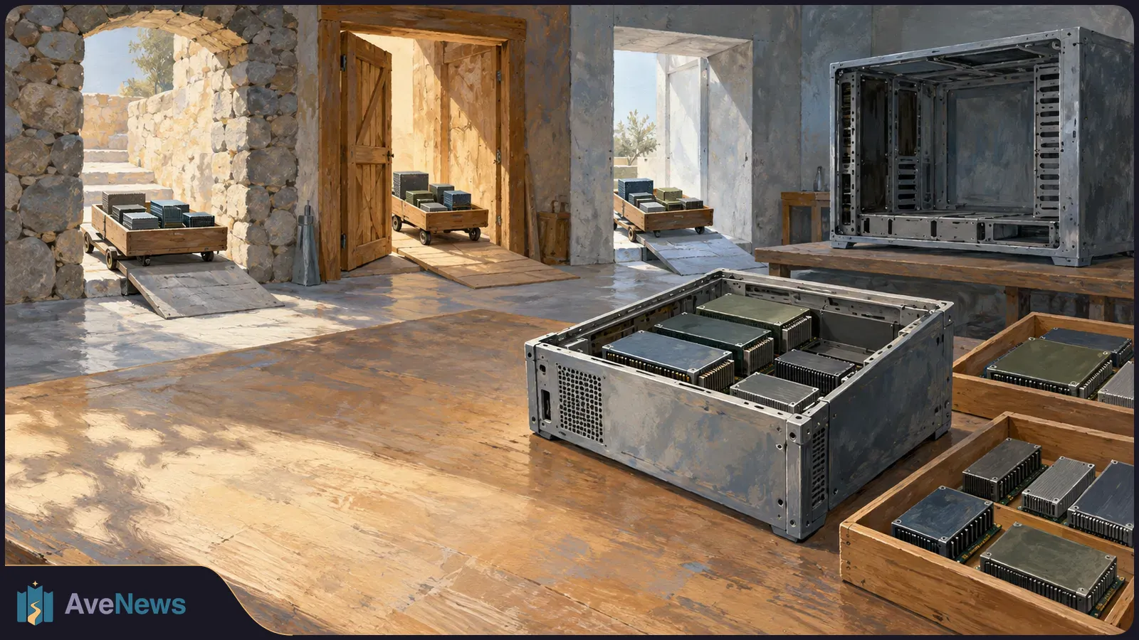 A painted scene of open metal computer cases and trays of electronic modules on a wooden table, with more modules on small carts beyond three doorways. SI illustration