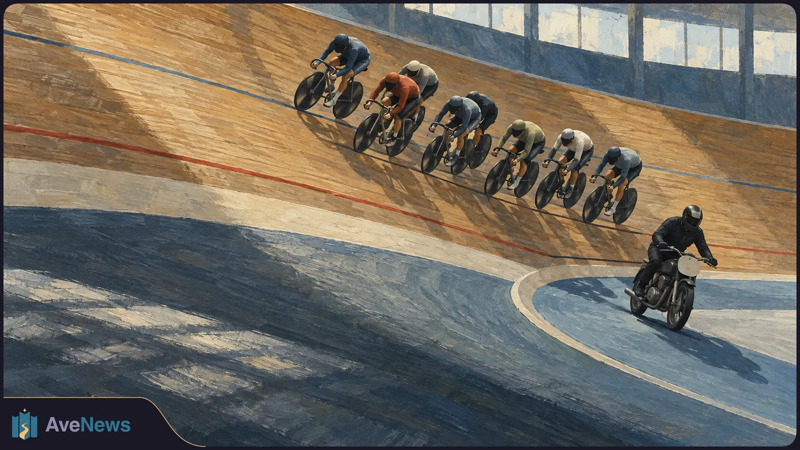 Painterly illustration of eight cyclists following a motorcyclist around a banked indoor track, with long shadows across the wooden surface. SI illustration